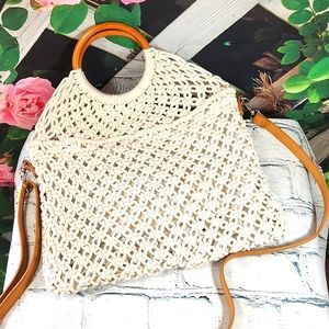 Crochet Wooden Handle Crossbody Handbag